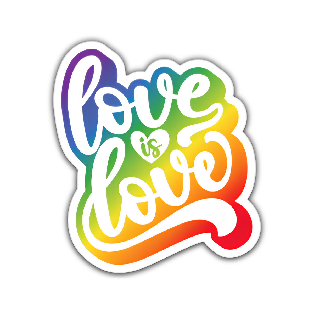 A die-cut vinyl sticker featuring the phrase 'love is love' in white script over a vibrant rainbow gradient background, shown on a plain white studio background.
