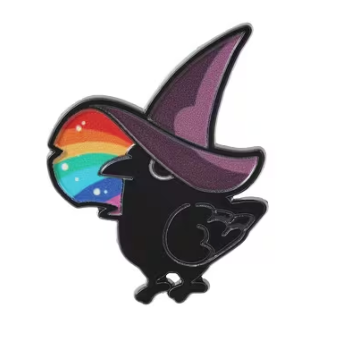 Add a touch of whimsy to your collection with the Magic Crow Pin from RainBee Designs LLC—a black cartoon crow sporting a purple witch hat and holding a fan-shaped rainbow in its beak, all set against a crisp white background. Perfect for fans of occult-inspired fashion or anyone looking to add a quirky witch enamel pin to their accessories!.