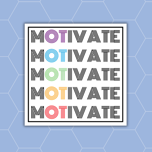 A square white art print featuring the word 'MOTIVATE' repeated five times in black outlined letters, with the first letter of each row in different colors: purple, blue, green, orange, and red. The print is centered on a light blue background with a subtle hexagonal pattern.