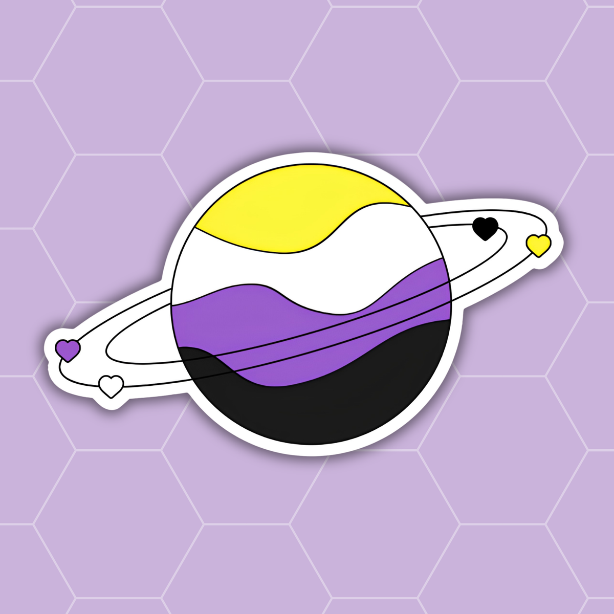 A stylized planet sticker with wavy stripes in yellow, white, purple, and black, plus a ring with small heart and star accents, shown on a lavender hexagonal background.