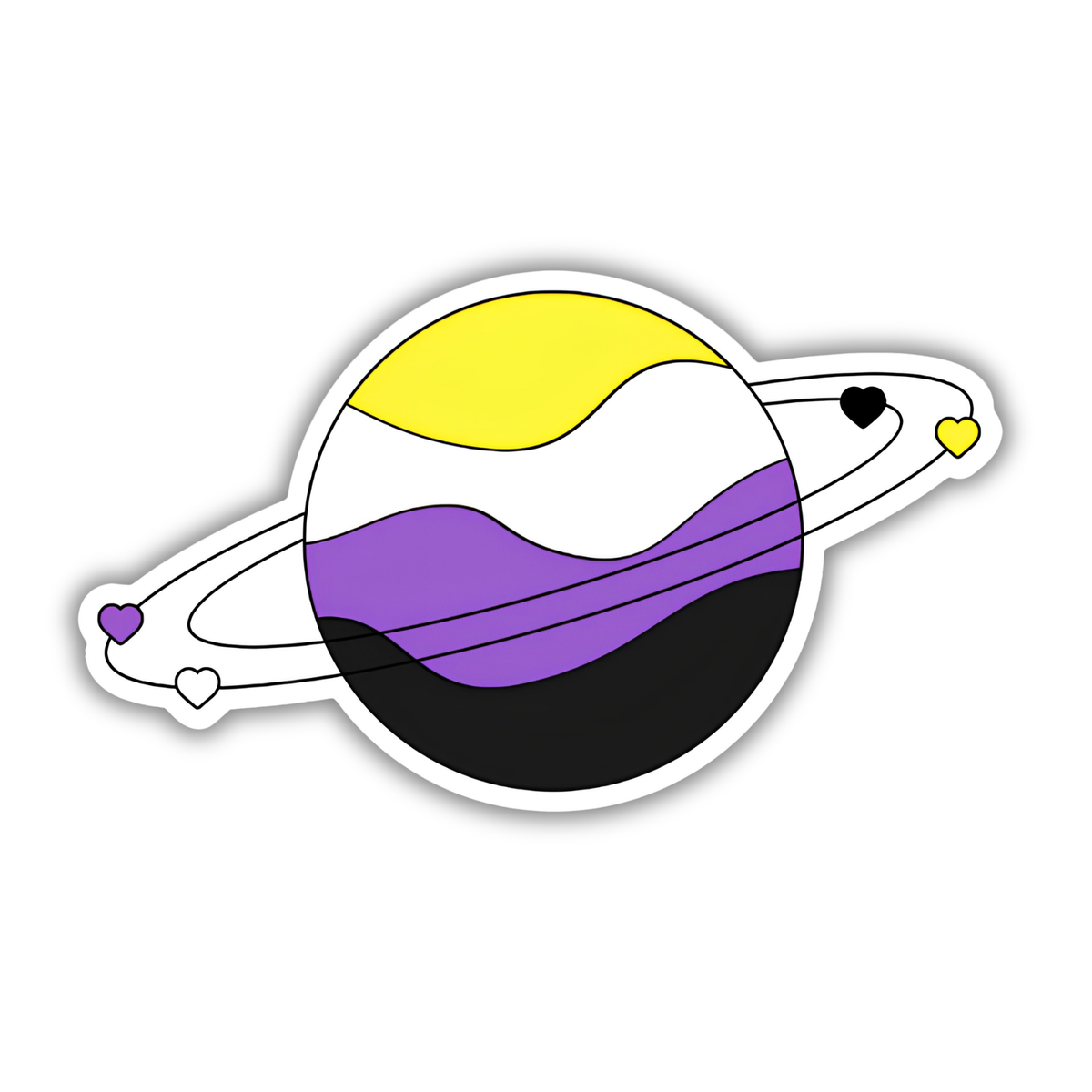 A planet-shaped sticker with wavy horizontal bands in yellow, white, purple, and black, plus orbit rings with small heart icons, shown on a plain white background.