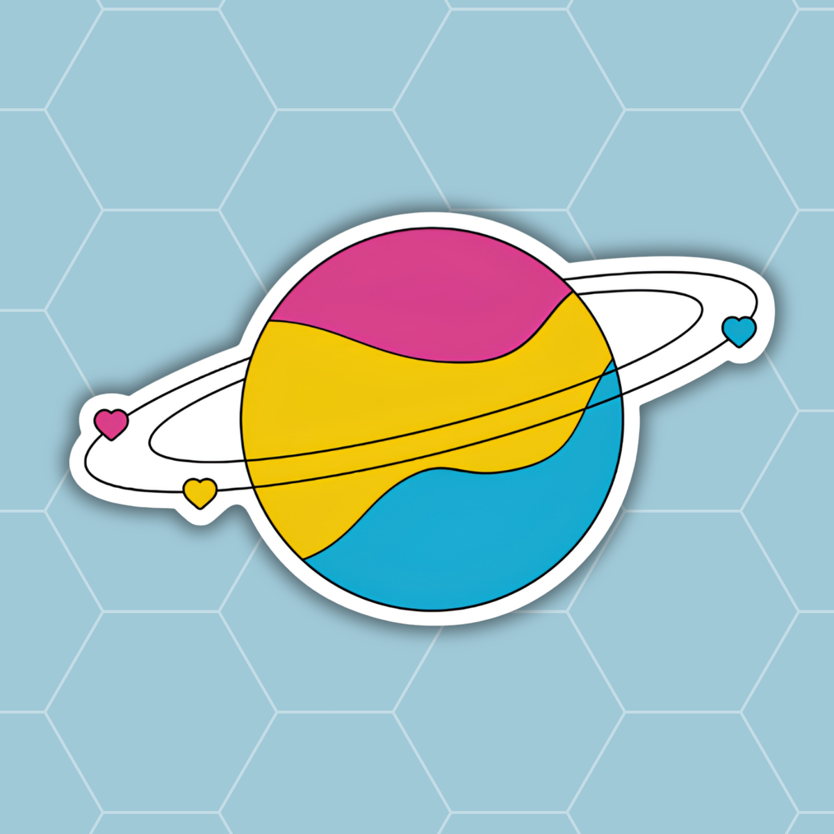 A stylized planet sticker with pink, yellow, and blue sections, a white ring, and small heart accents on a light blue hexagonal background.