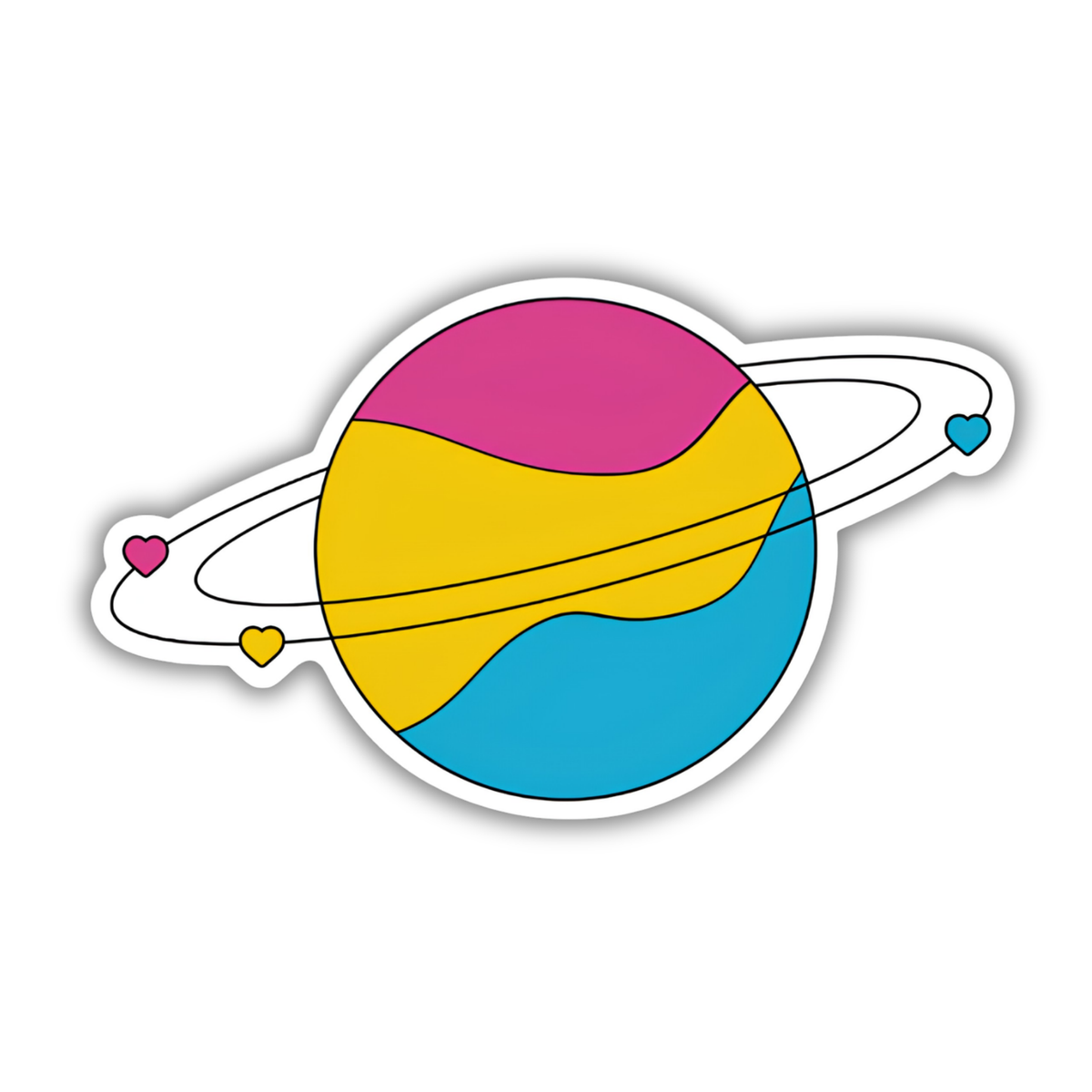 A circular planet sticker with three colored hemispheres in pink, yellow, and blue, surrounded by a white ring with small pink, yellow, and blue hearts, on a solid white background.