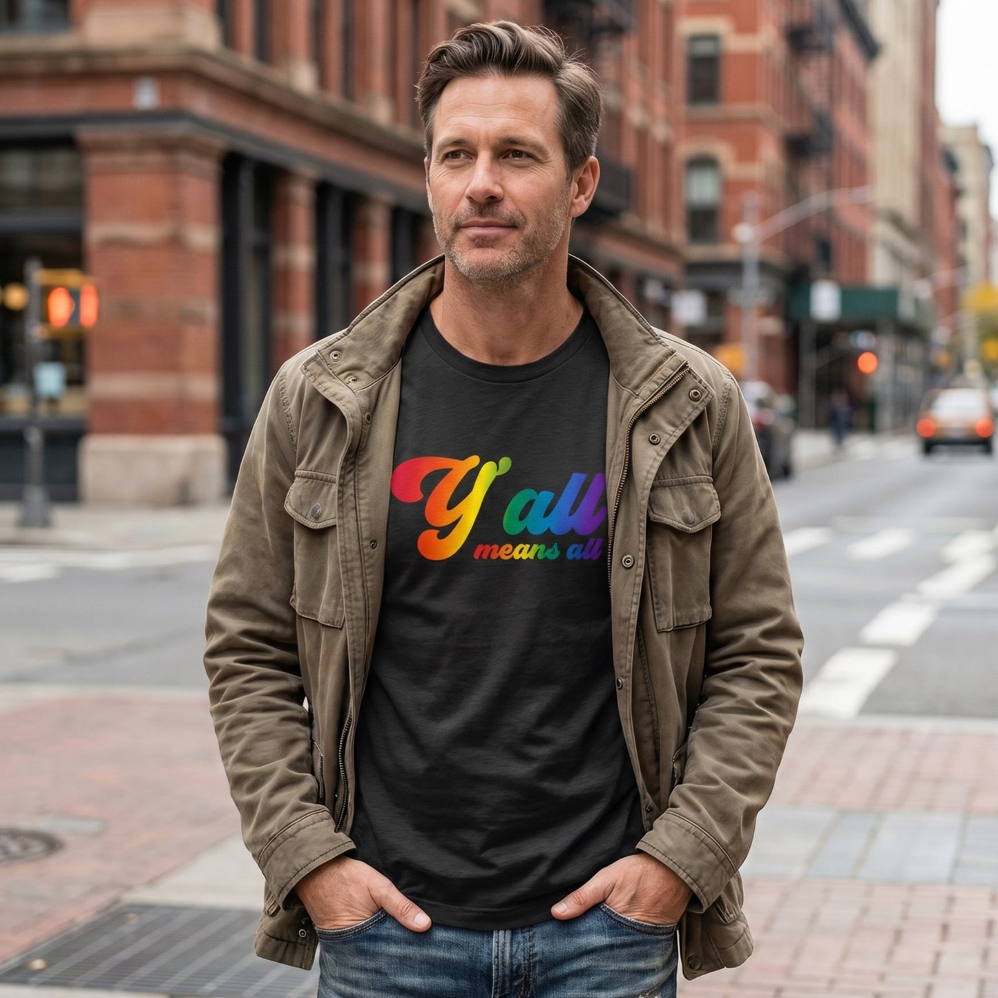 A man wearing a jacket and a RainBee Designs LLC Y'all Means All Top from the Pride Collection stands on a city sidewalk surrounded by buildings and streetlights, celebrating inclusive apparel with bold rainbow lettering.