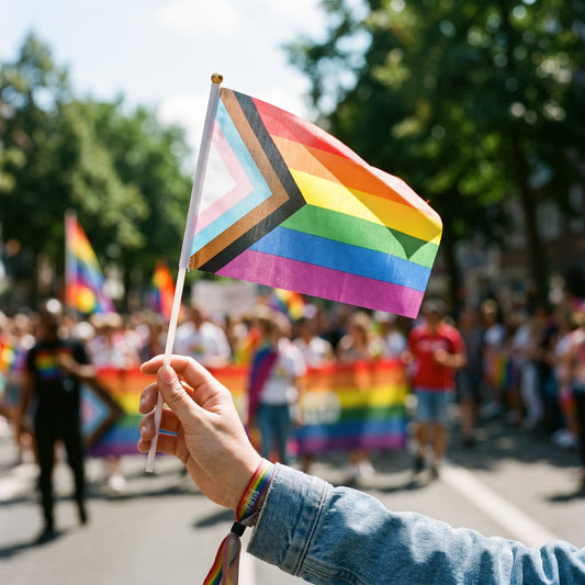 At a lively outdoor parade, a hand waves a Progress Pride flag while colorful Mini Pride Flags by RainBee Designs LLC flutter throughout the festive crowd, with people and another rainbow flag visible in the vibrant, blurred background.