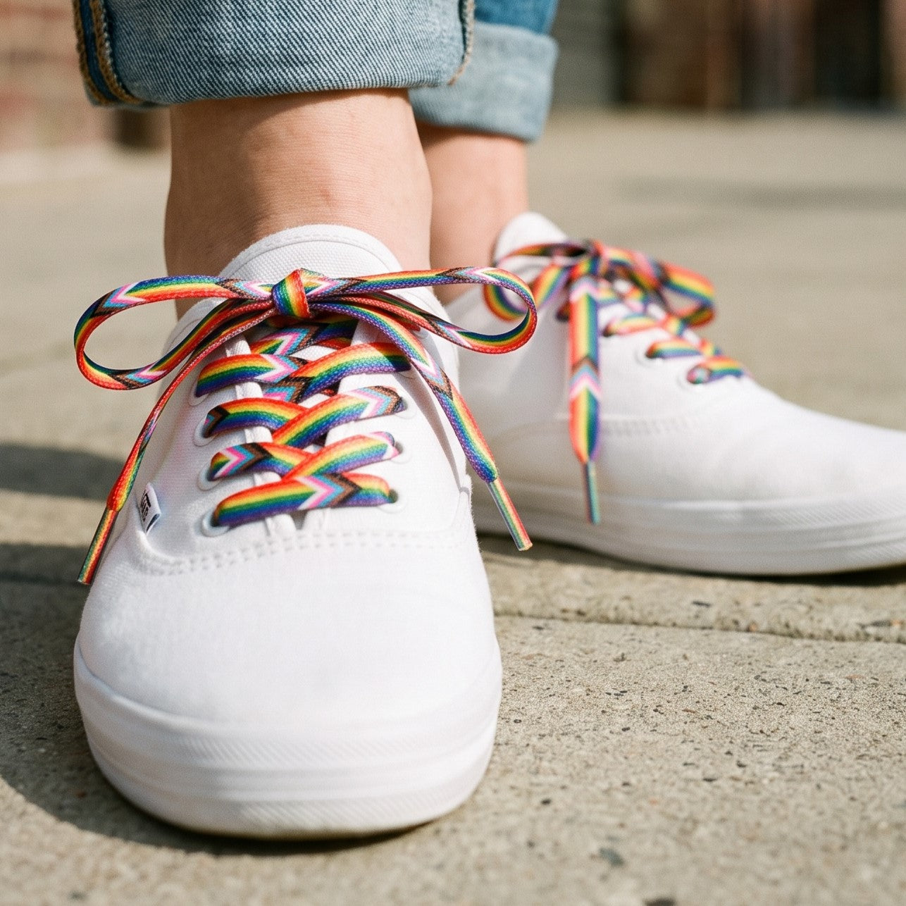 A person wearing white sneakers with the RainBee Designs LLC Pride Shoelace Pack—featuring colorful rainbow shoelaces—stands on a concrete sidewalk. They are dressed in light blue rolled-up jeans.