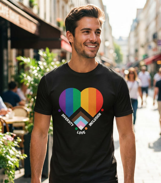 A smiling man wearing the RainBee Designs LLC Pride Heart T-Shirt (Black), featuring a rainbow heart and the words "Diversity, Love, and Inclusion," stands on a sunlit city street with cafés and people in the background.