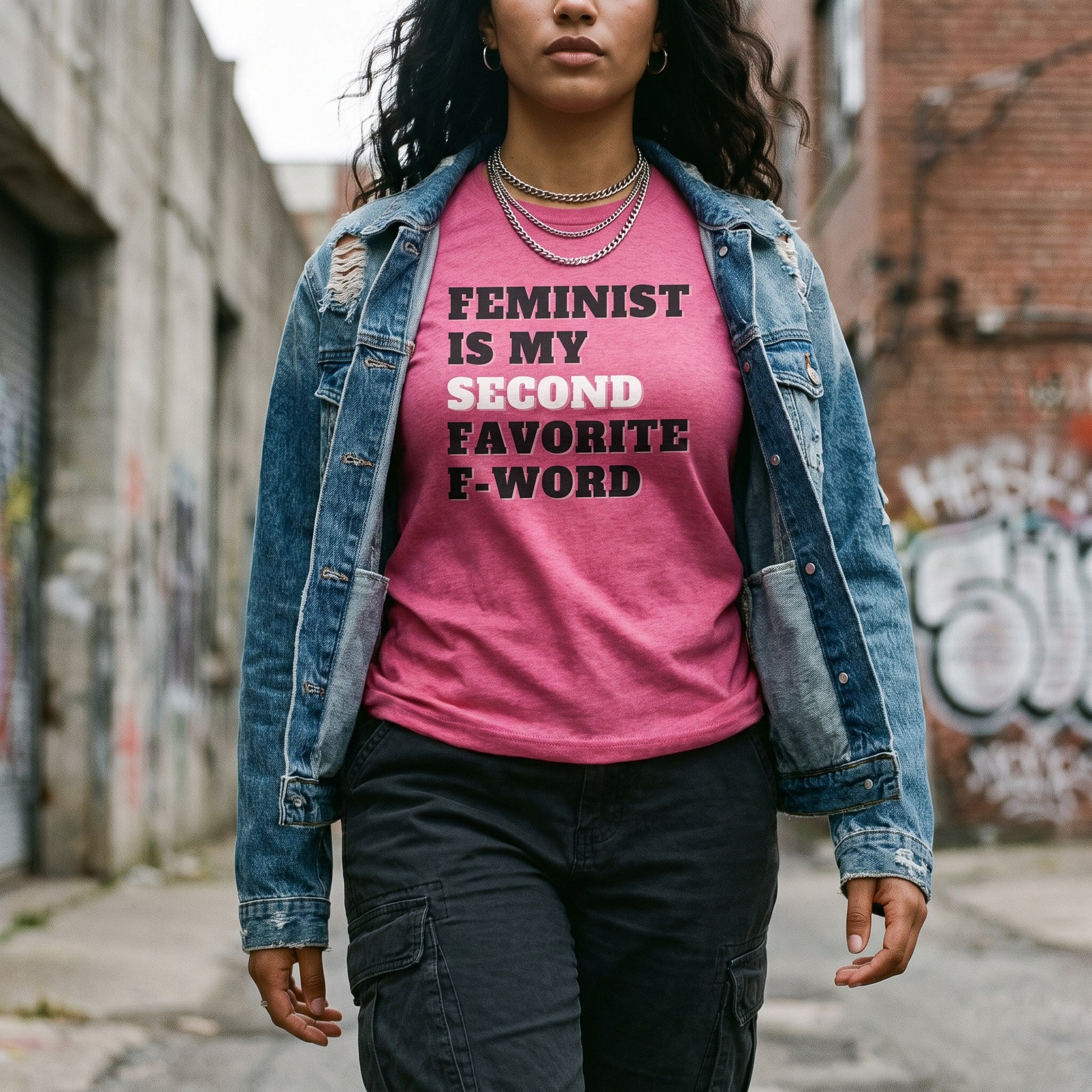 Wearing the “Feminist is My Second Favorite F-Word T-Shirt” by RainBee Designs LLC, a person strides confidently down an urban alley. Layered with a denim jacket and dark cargo pants, this bold fuchsia statement tee—crafted from luxuriously soft tri-blend fabric—seamlessly pairs comfort with empowered attitude.