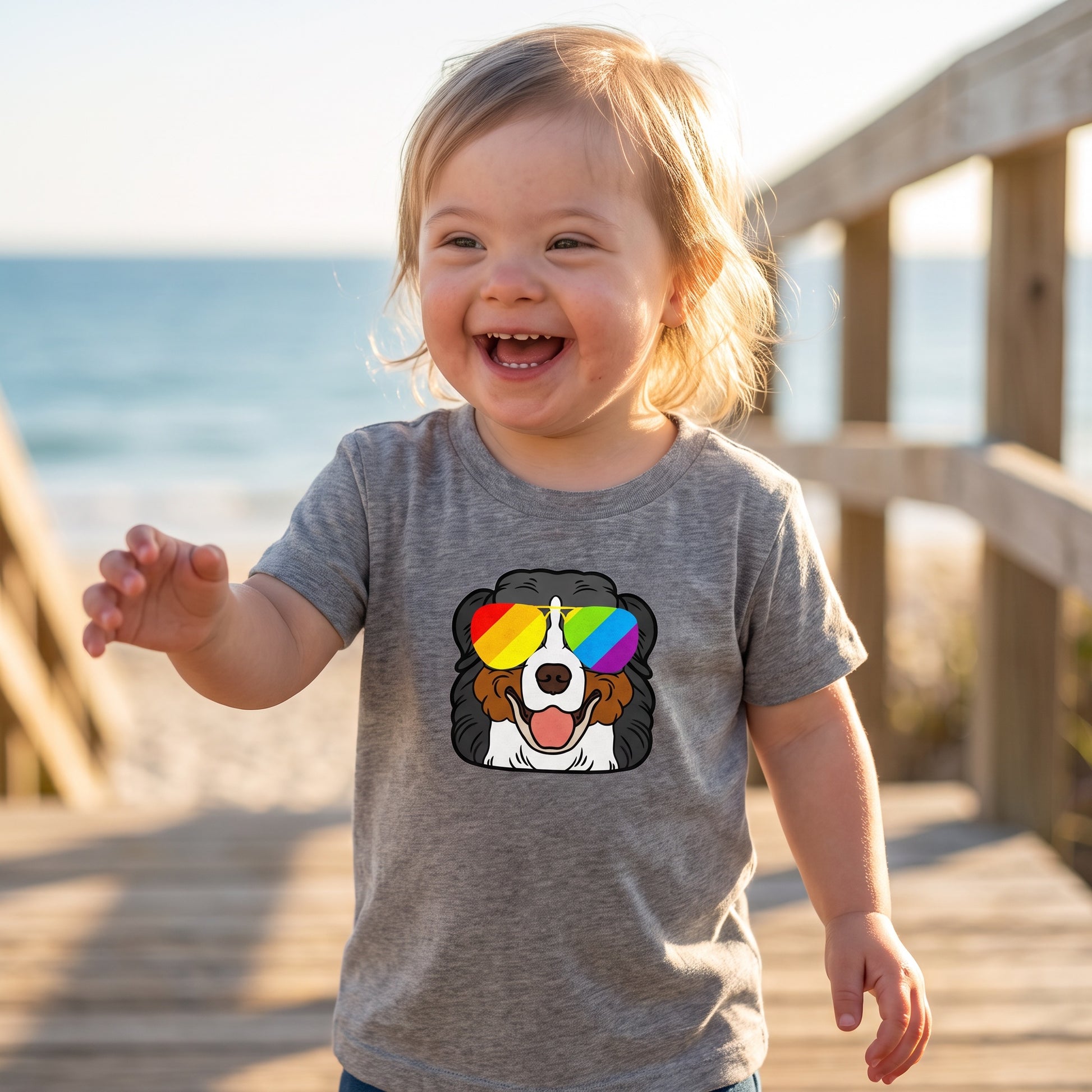 A smiling toddler stands on a boardwalk by the beach, wearing the Bernese Mountain Dog (Berner) Toddler T-shirt from RainBee Designs LLC—an ultra-soft triblend kids tee featuring a cartoon Bernese mountain dog with rainbow sunglasses.
