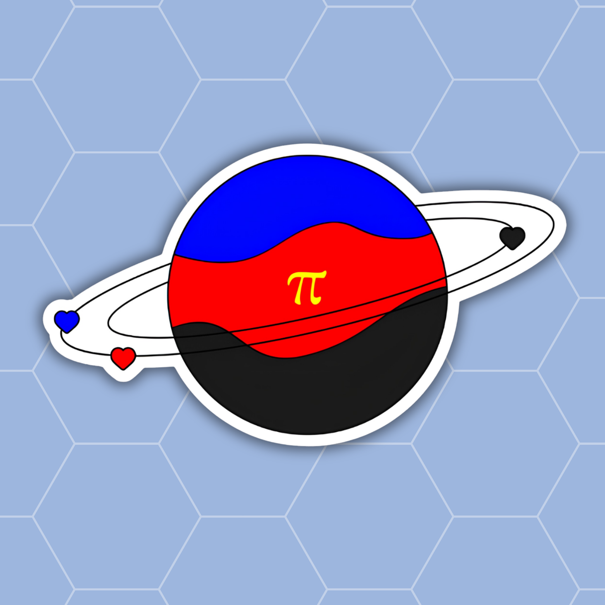 A die-cut sticker featuring a stylized planet with blue, red, and black wavy bands, a yellow pi symbol in the center, and a ring with small blue, red, and black hearts, shown on a light blue hexagonal background.