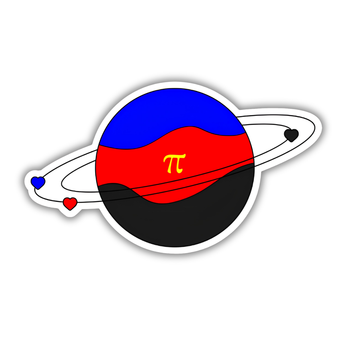 A die-cut vinyl sticker featuring a stylized planet with a blue, red, and black color scheme, resembling the polyamorous pride flag, with a yellow pi symbol in the center and orbit rings with small colored hearts.