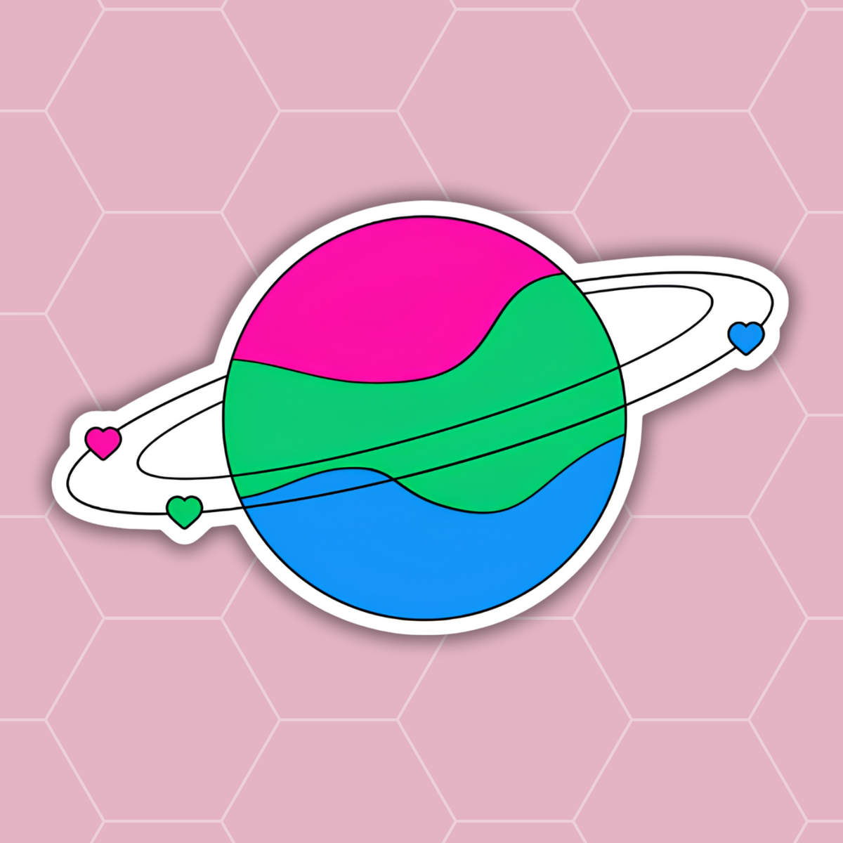 A die-cut sticker featuring a stylized planet with wavy pink, green, and blue bands, surrounded by a white ring and small heart accents, shown on a pink hexagonal background.