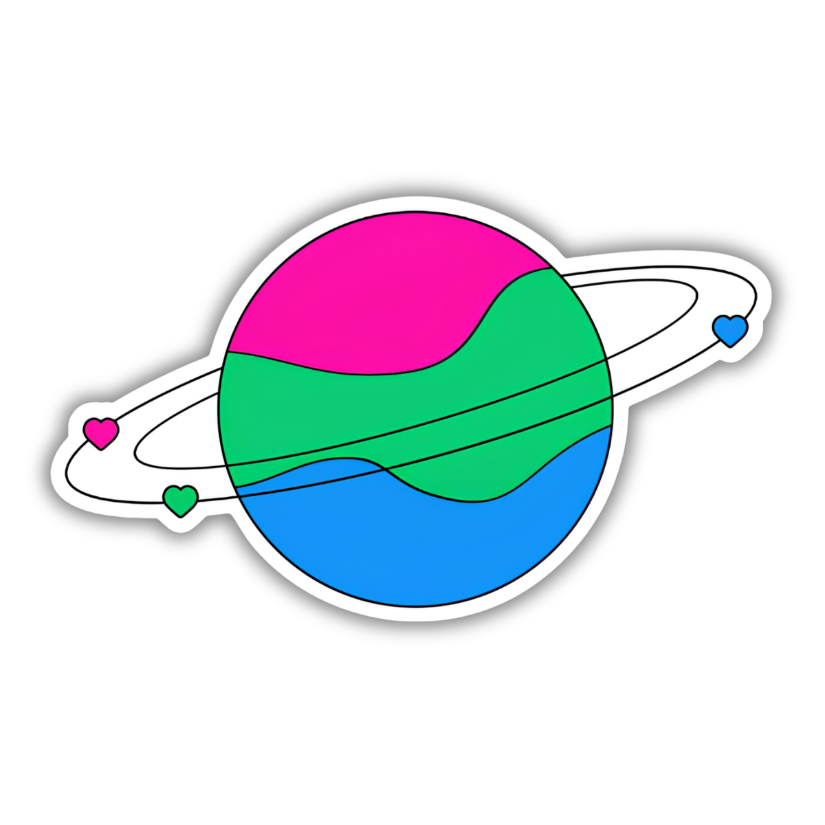 A stylized planet sticker with three color bands: pink on top, green in the middle, and blue on the bottom, surrounded by orbit lines and small matching heart icons in pink, green, and blue, on a white background.