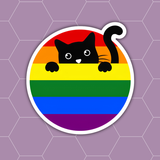 A die-cut circular sticker featuring a black cartoon cat peeking over rainbow pride stripes, shown on a lavender hexagonal background.