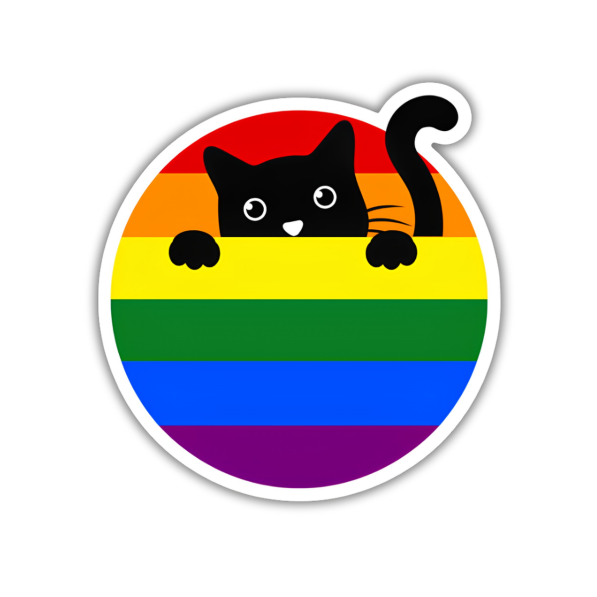A circular sticker featuring a black cartoon cat peeking over rainbow pride stripes, with a white border and black background around the sticker.
