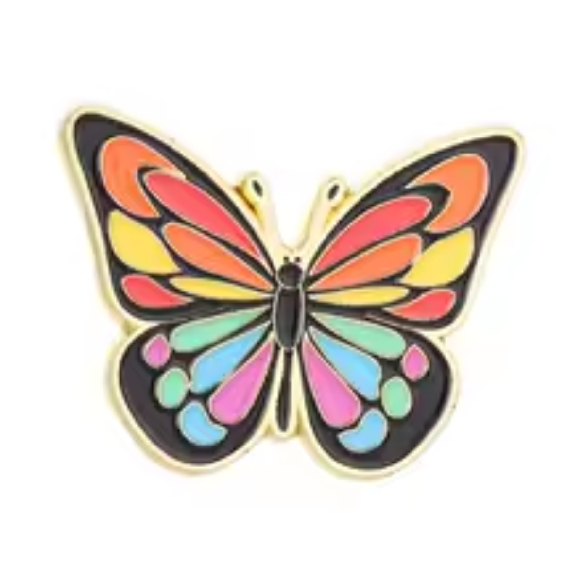 A butterfly-shaped enamel pin with a gold-tone outline and multicolor wings in shades of red, orange, yellow, pink, purple, blue, and green on a white background.