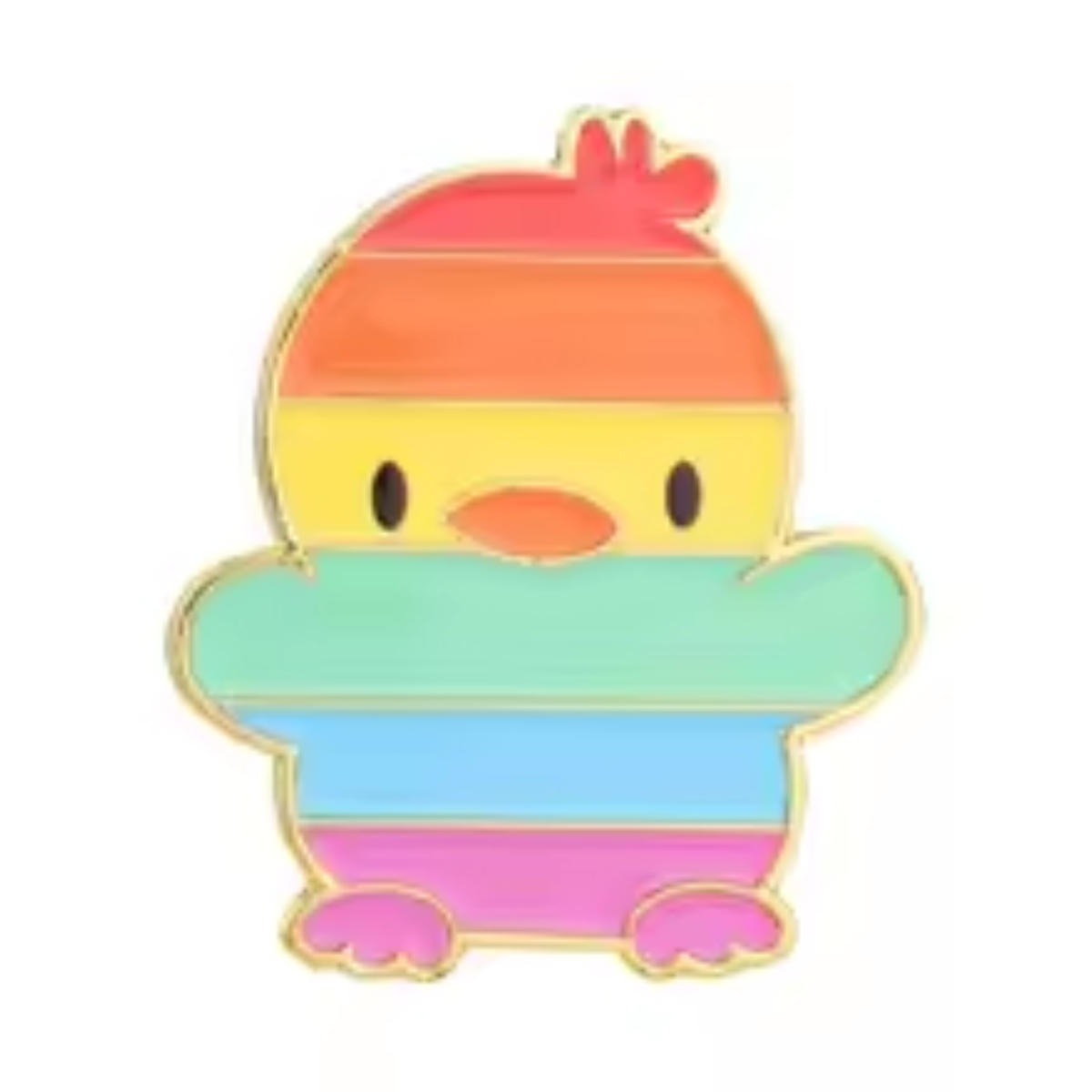A cute cartoon duck enamel pin with rainbow-colored horizontal stripes in red, orange, yellow, green, blue, and purple, outlined in gold metal.