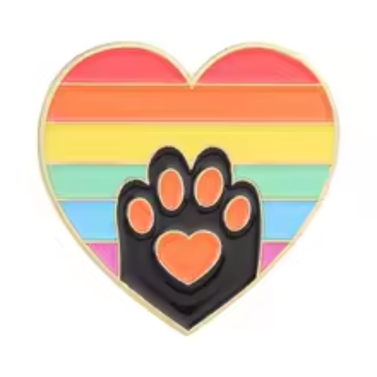 A heart-shaped enamel pin featuring a rainbow stripe pattern with a black paw print and orange heart in the center, outlined in gold metal.