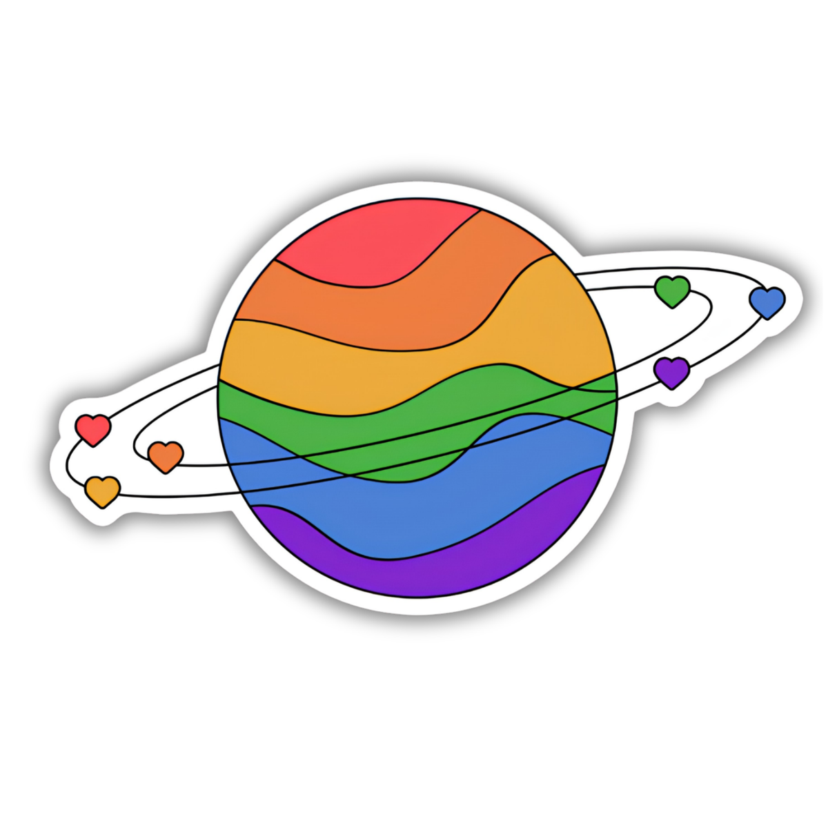 A die-cut vinyl sticker featuring a stylized rainbow-striped planet with rings and small heart-shaped moons in red, orange, yellow, green, blue, and purple, shown on a plain white background.