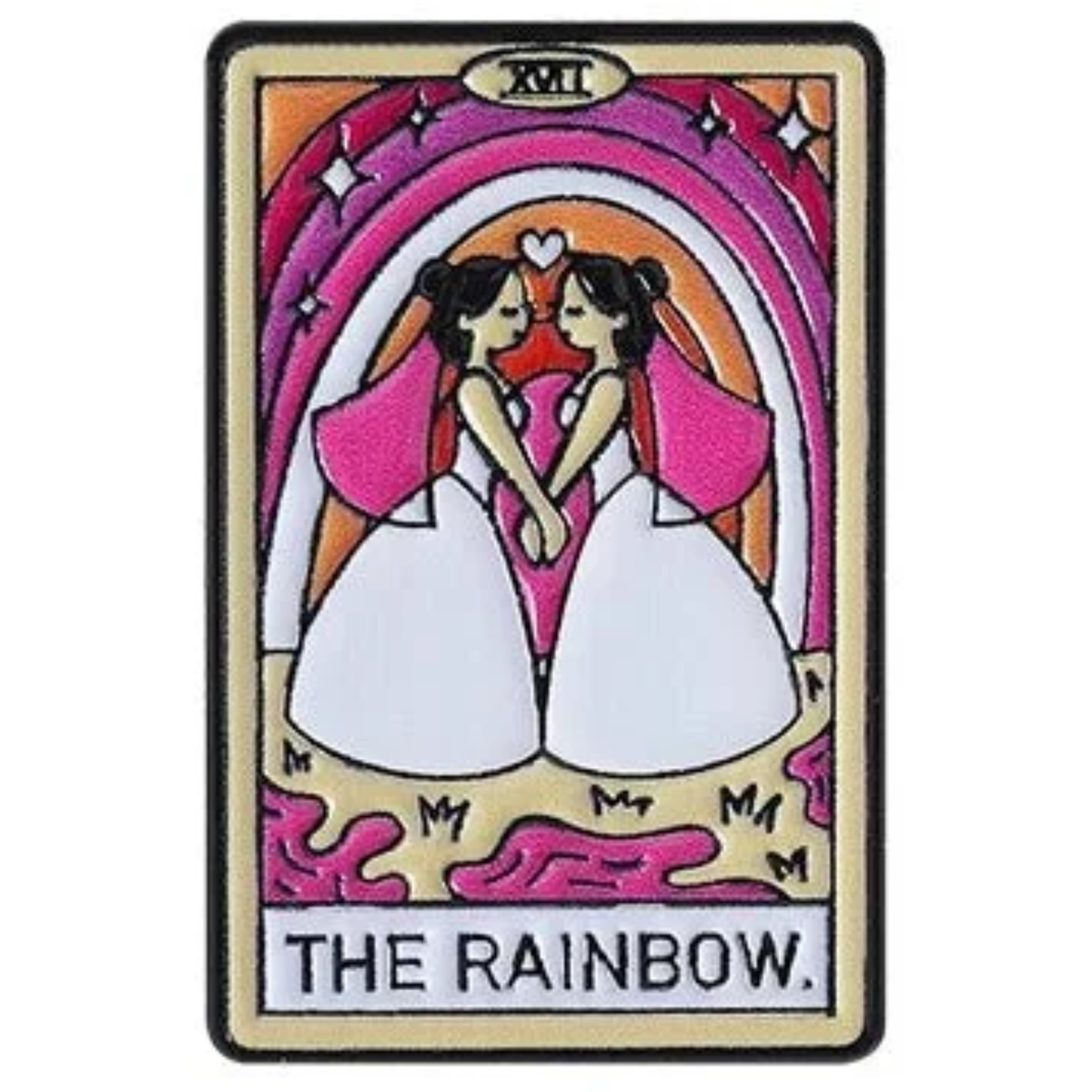A rectangular tarot-style patch or sticker featuring the card 'The Rainbow' with two women in white dresses under a pink and orange rainbow, on a light beige background with a black border.
