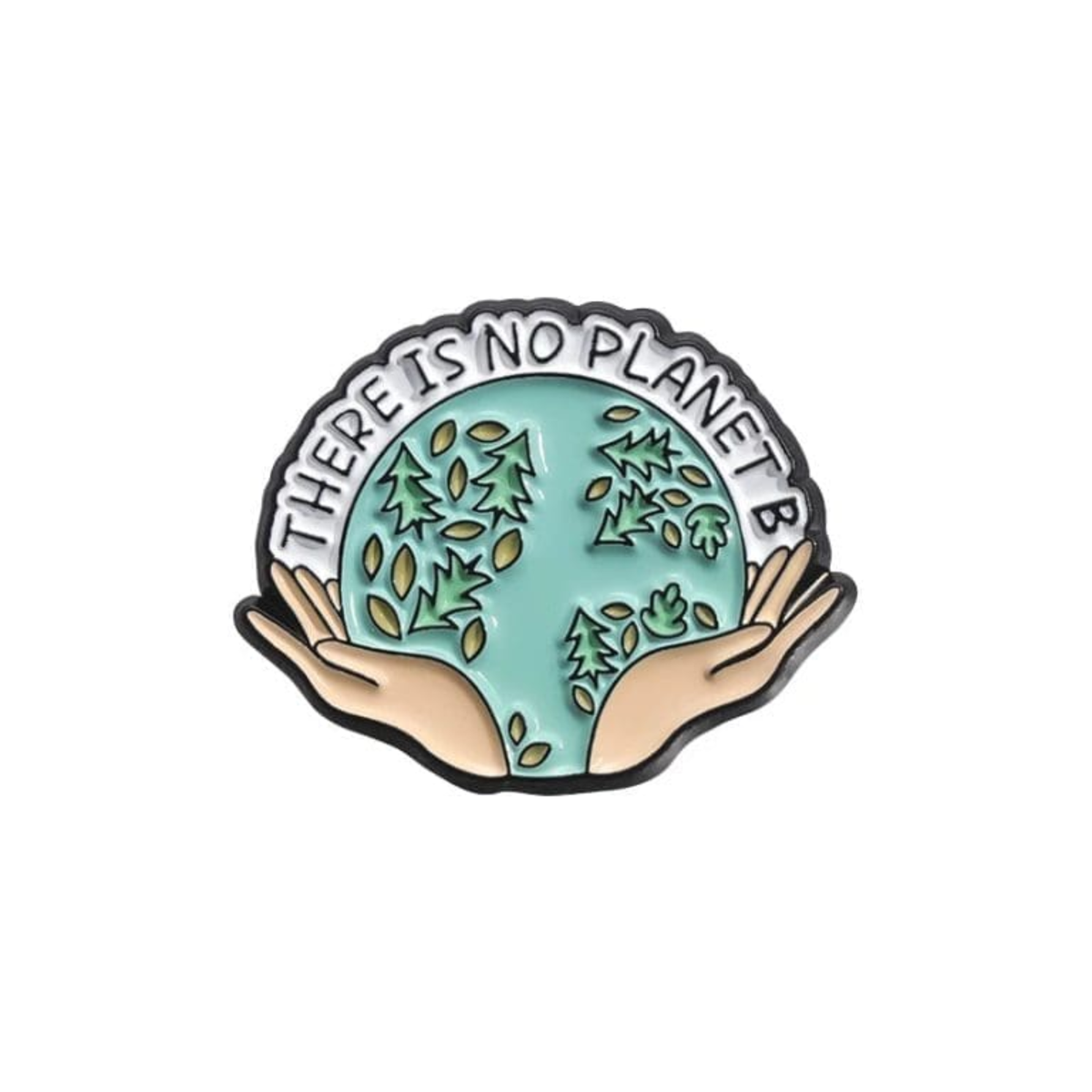 Pin with hands holding a globe and 'There is no planet B' text on a white background