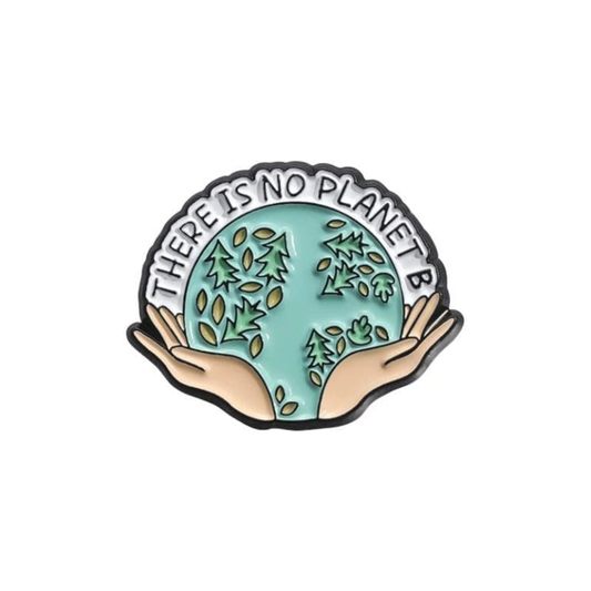 Pin with hands holding a globe and 'There is no planet B' text on a white background