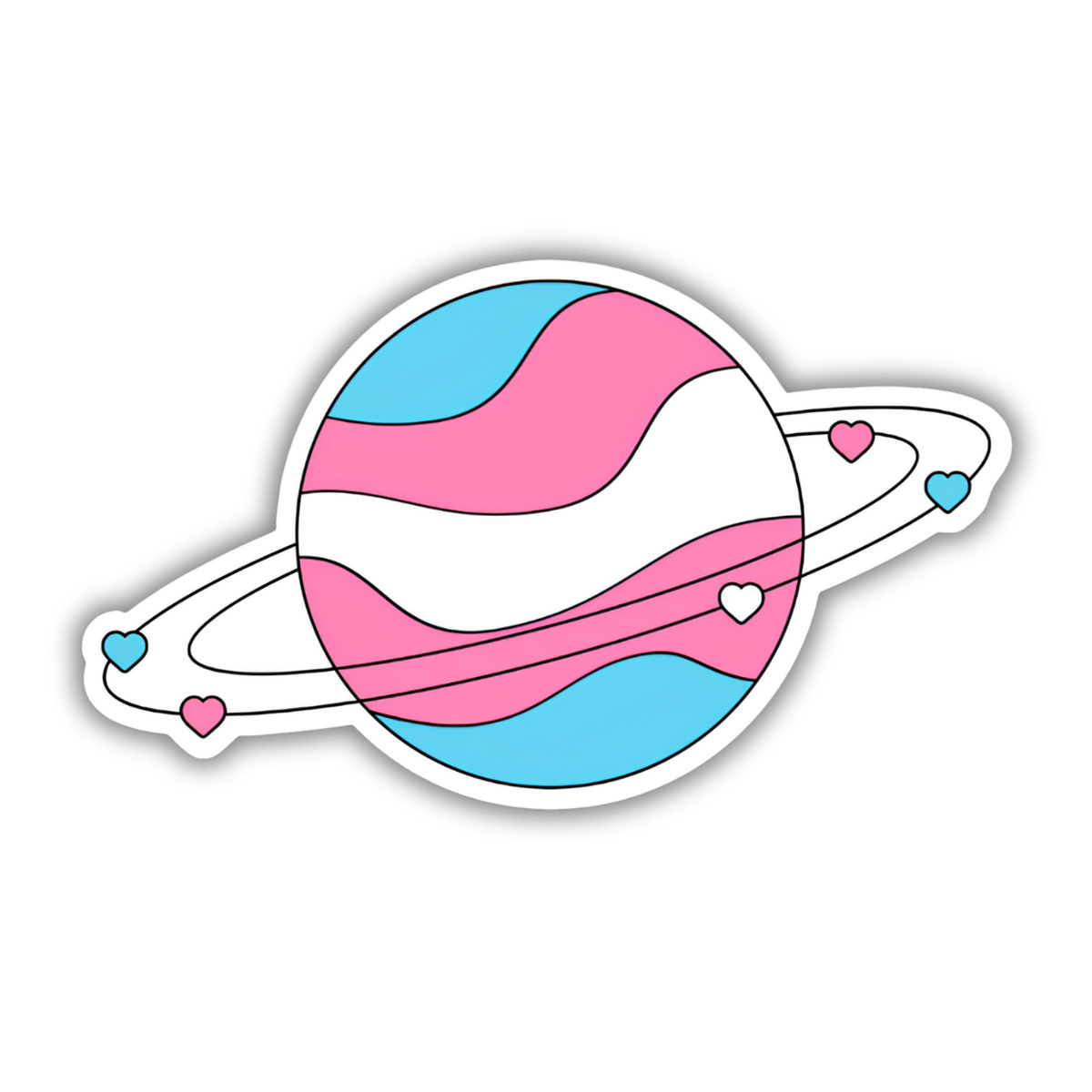 A die-cut vinyl sticker of a stylized planet with the transgender pride flag colors (light blue, pink, and white) and small hearts in orbit, shown on a plain white background.