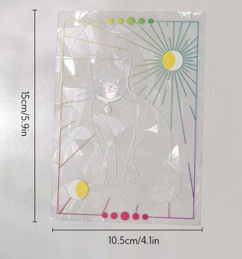 Introducing the Cat Suncatcher by RainBee Designs LLC—a holographic rainbow window decal showcasing a cat with geometric patterns, vibrant dots, and two sun motifs. Measuring 15 cm x 10.5 cm (5.9 in x 4.1 in).